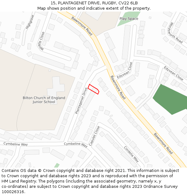 15, PLANTAGENET DRIVE, RUGBY, CV22 6LB: Location map and indicative extent of plot