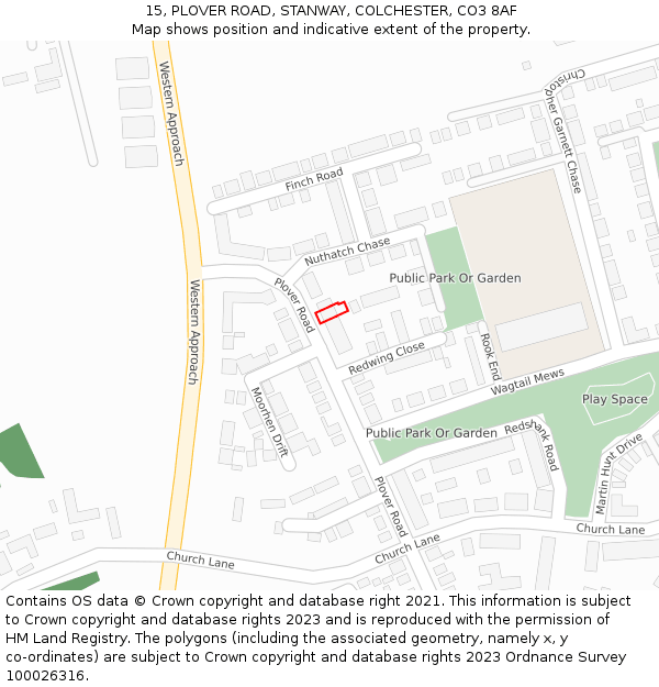 15, PLOVER ROAD, STANWAY, COLCHESTER, CO3 8AF: Location map and indicative extent of plot