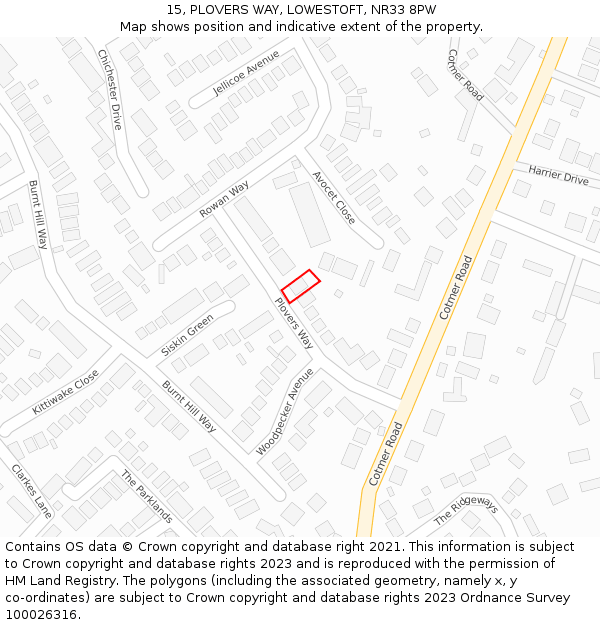 15, PLOVERS WAY, LOWESTOFT, NR33 8PW: Location map and indicative extent of plot