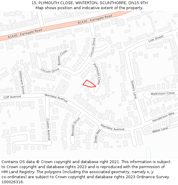15, PLYMOUTH CLOSE, WINTERTON, SCUNTHORPE, DN15 9TH: Location map and indicative extent of plot