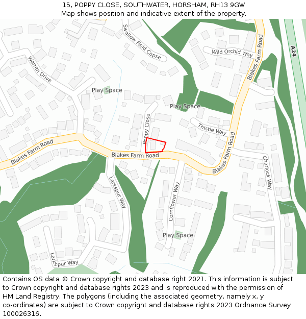 15, POPPY CLOSE, SOUTHWATER, HORSHAM, RH13 9GW: Location map and indicative extent of plot