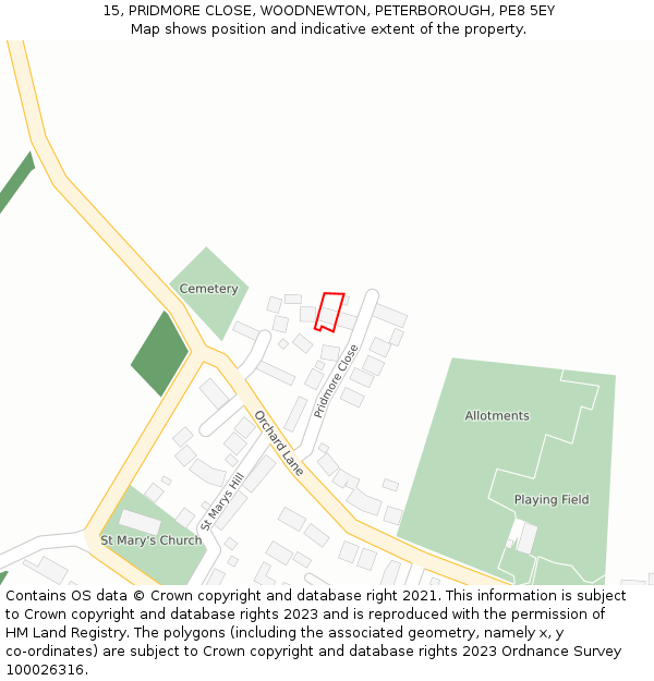 15, PRIDMORE CLOSE, WOODNEWTON, PETERBOROUGH, PE8 5EY: Location map and indicative extent of plot