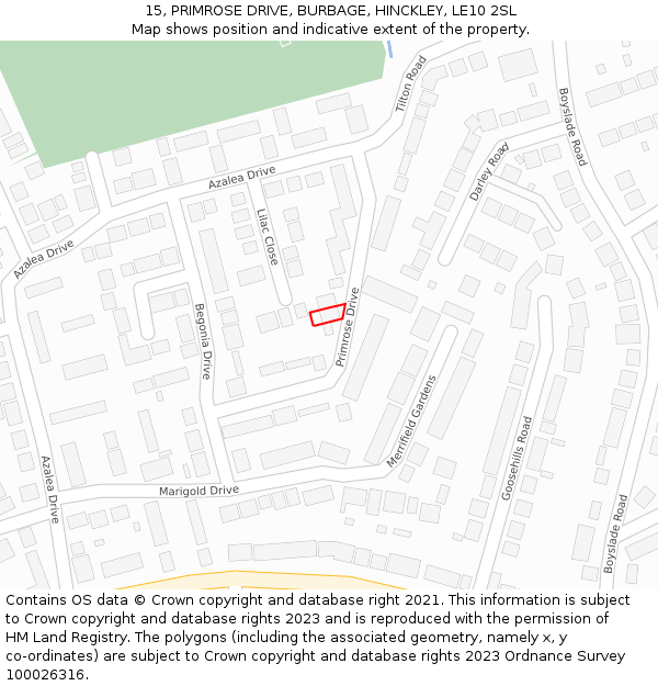 15, PRIMROSE DRIVE, BURBAGE, HINCKLEY, LE10 2SL: Location map and indicative extent of plot