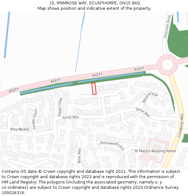 15, PRIMROSE WAY, SCUNTHORPE, DN15 8XQ: Location map and indicative extent of plot