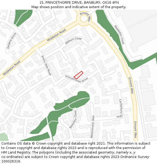 15, PRINCETHORPE DRIVE, BANBURY, OX16 4FN: Location map and indicative extent of plot