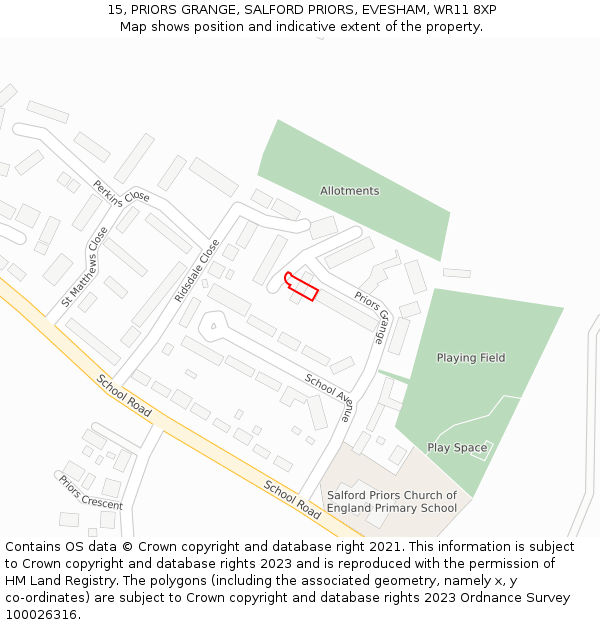 15, PRIORS GRANGE, SALFORD PRIORS, EVESHAM, WR11 8XP: Location map and indicative extent of plot