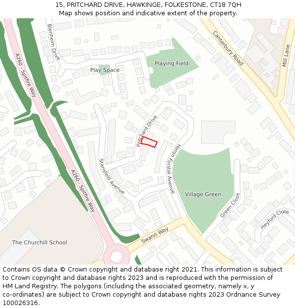 15, PRITCHARD DRIVE, HAWKINGE, FOLKESTONE, CT18 7QH: Location map and indicative extent of plot