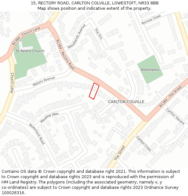 15, RECTORY ROAD, CARLTON COLVILLE, LOWESTOFT, NR33 8BB: Location map and indicative extent of plot