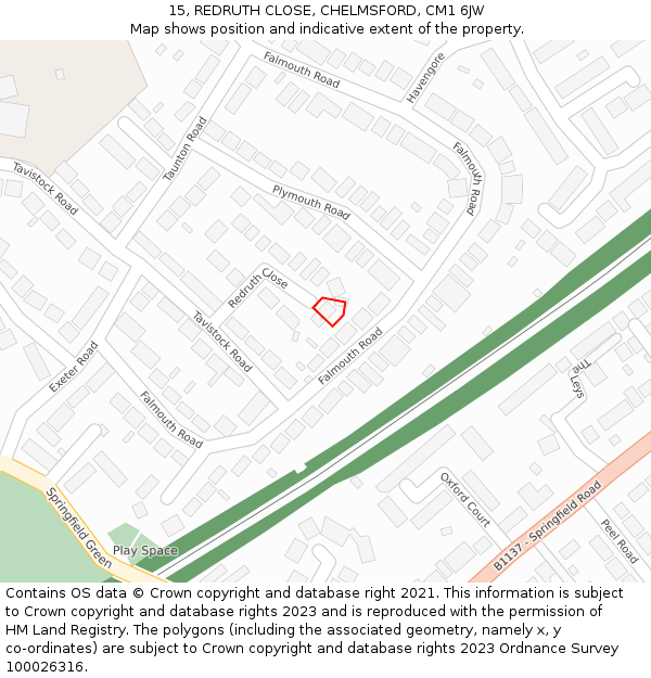 15, REDRUTH CLOSE, CHELMSFORD, CM1 6JW: Location map and indicative extent of plot