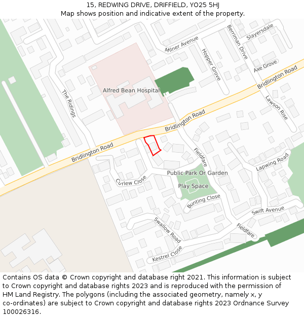 15, REDWING DRIVE, DRIFFIELD, YO25 5HJ: Location map and indicative extent of plot