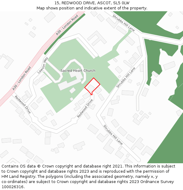 15, REDWOOD DRIVE, ASCOT, SL5 0LW: Location map and indicative extent of plot