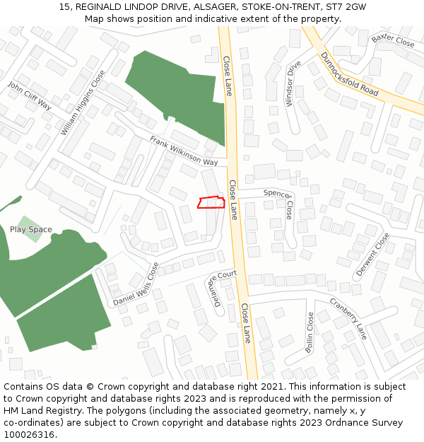 15, REGINALD LINDOP DRIVE, ALSAGER, STOKE-ON-TRENT, ST7 2GW: Location map and indicative extent of plot