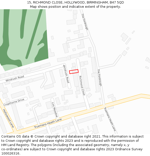 15, RICHMOND CLOSE, HOLLYWOOD, BIRMINGHAM, B47 5QD: Location map and indicative extent of plot