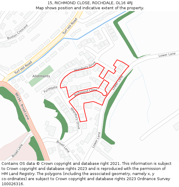 15, RICHMOND CLOSE, ROCHDALE, OL16 4RJ: Location map and indicative extent of plot