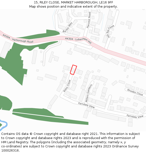 15, RILEY CLOSE, MARKET HARBOROUGH, LE16 9FF: Location map and indicative extent of plot