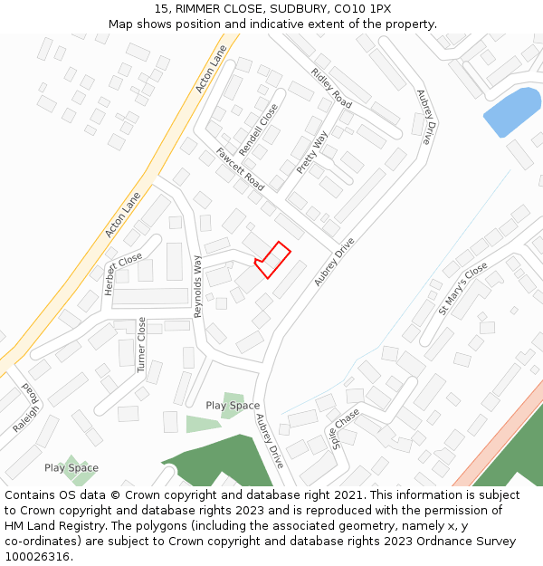 15, RIMMER CLOSE, SUDBURY, CO10 1PX: Location map and indicative extent of plot