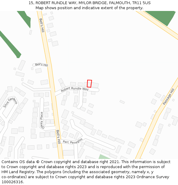 15, ROBERT RUNDLE WAY, MYLOR BRIDGE, FALMOUTH, TR11 5US: Location map and indicative extent of plot