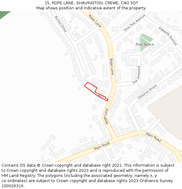 15, ROPE LANE, SHAVINGTON, CREWE, CW2 5DT: Location map and indicative extent of plot