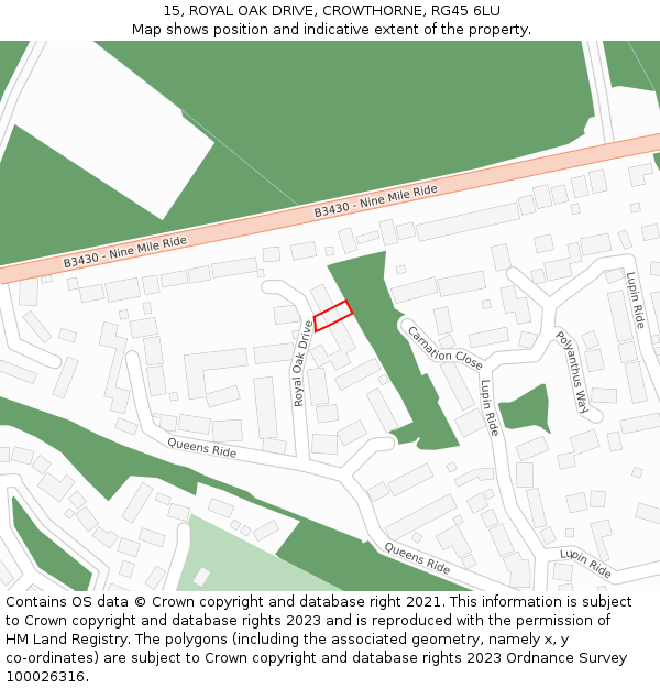 15, ROYAL OAK DRIVE, CROWTHORNE, RG45 6LU: Location map and indicative extent of plot