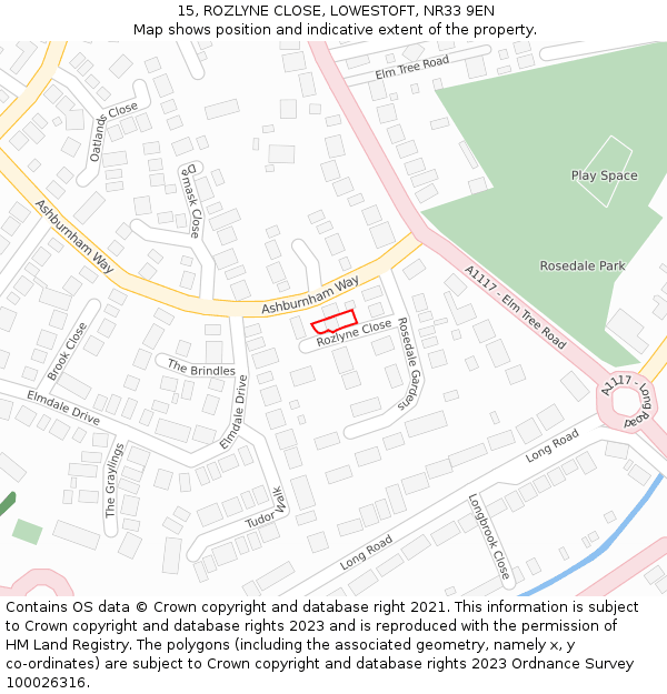 15, ROZLYNE CLOSE, LOWESTOFT, NR33 9EN: Location map and indicative extent of plot