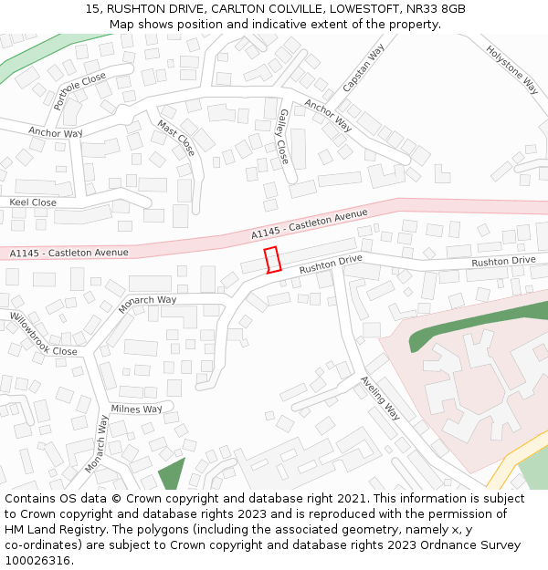 15, RUSHTON DRIVE, CARLTON COLVILLE, LOWESTOFT, NR33 8GB: Location map and indicative extent of plot