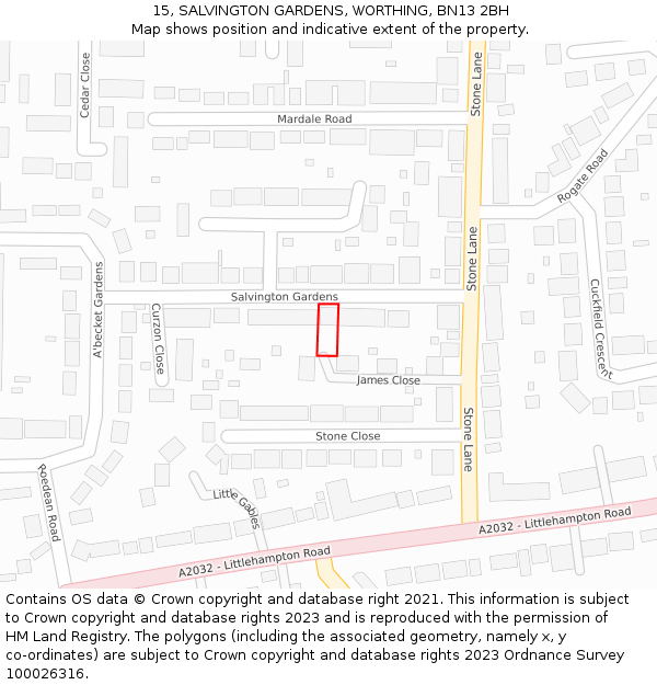 15, SALVINGTON GARDENS, WORTHING, BN13 2BH: Location map and indicative extent of plot