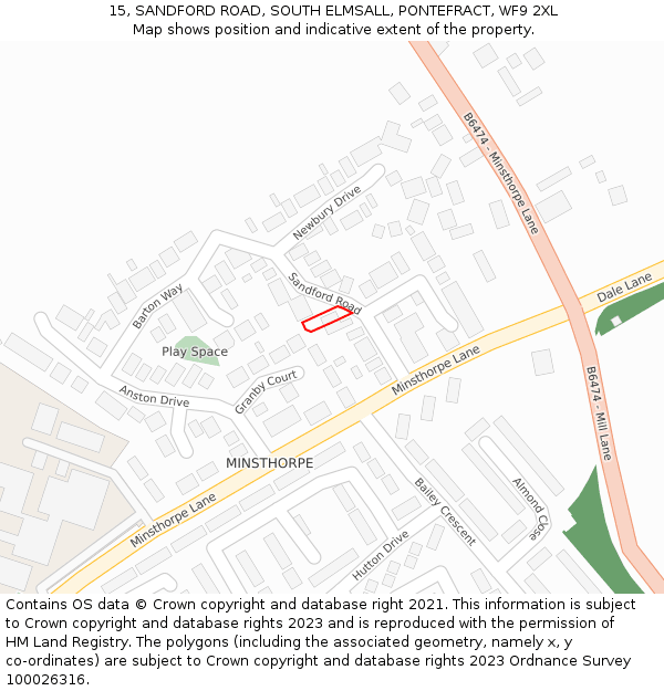 15, SANDFORD ROAD, SOUTH ELMSALL, PONTEFRACT, WF9 2XL: Location map and indicative extent of plot