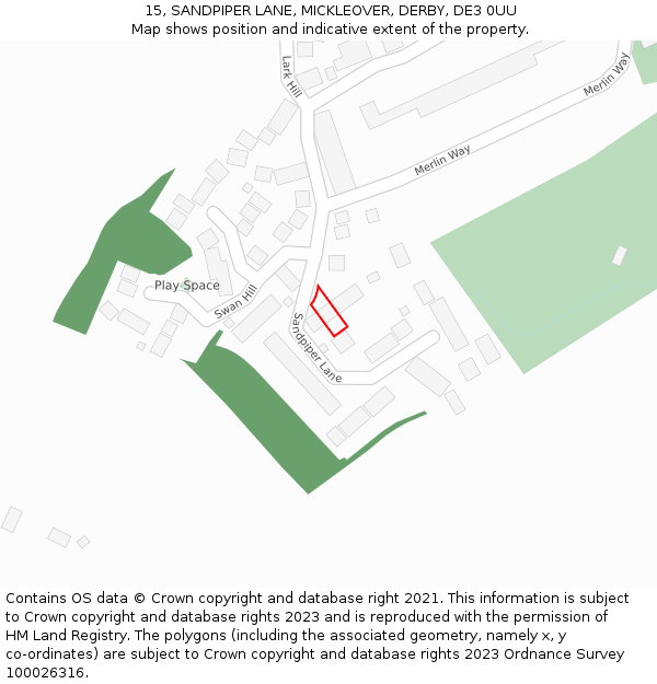 15, SANDPIPER LANE, MICKLEOVER, DERBY, DE3 0UU: Location map and indicative extent of plot