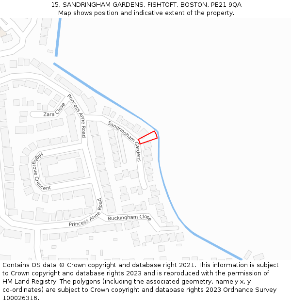 15, SANDRINGHAM GARDENS, FISHTOFT, BOSTON, PE21 9QA: Location map and indicative extent of plot