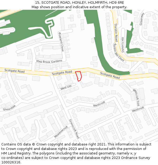 15, SCOTGATE ROAD, HONLEY, HOLMFIRTH, HD9 6RE: Location map and indicative extent of plot