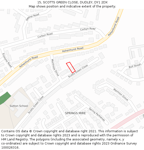 15, SCOTTS GREEN CLOSE, DUDLEY, DY1 2DX: Location map and indicative extent of plot