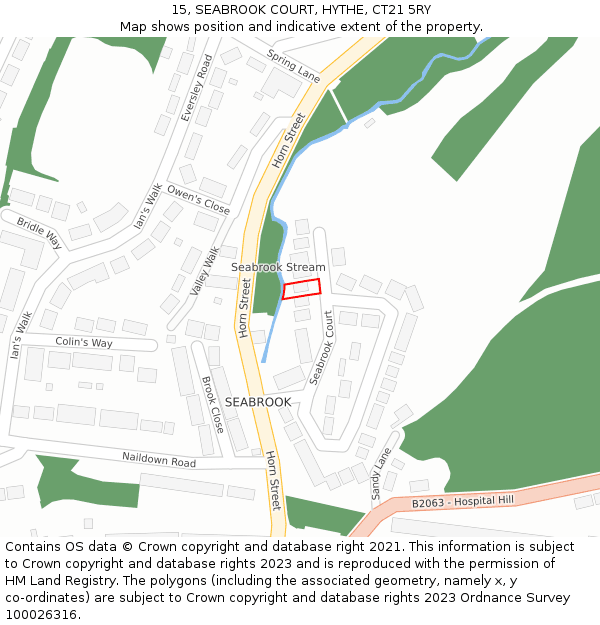 15, SEABROOK COURT, HYTHE, CT21 5RY: Location map and indicative extent of plot