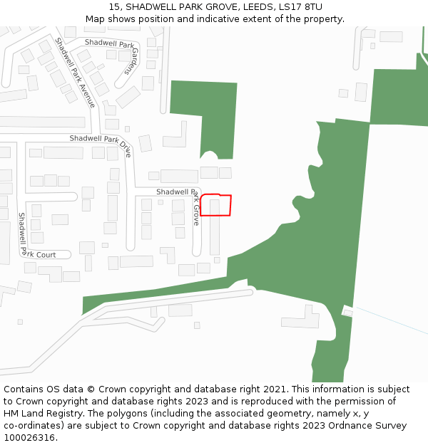 15, SHADWELL PARK GROVE, LEEDS, LS17 8TU: Location map and indicative extent of plot