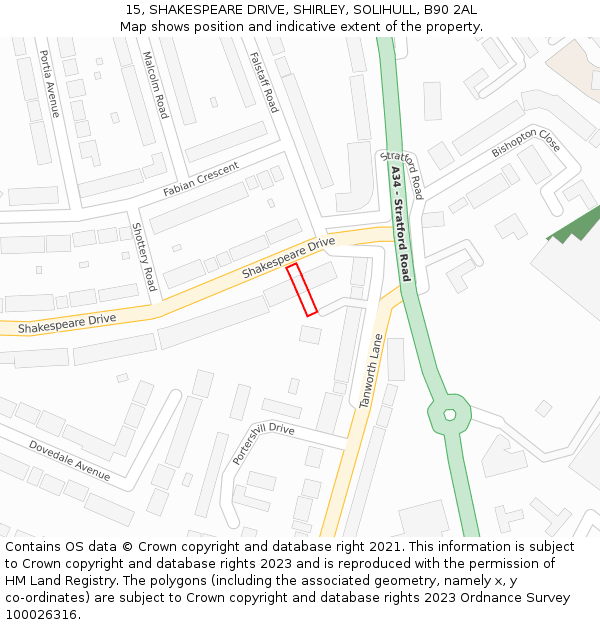 15, SHAKESPEARE DRIVE, SHIRLEY, SOLIHULL, B90 2AL: Location map and indicative extent of plot