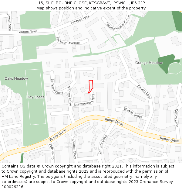 15, SHELBOURNE CLOSE, KESGRAVE, IPSWICH, IP5 2FP: Location map and indicative extent of plot