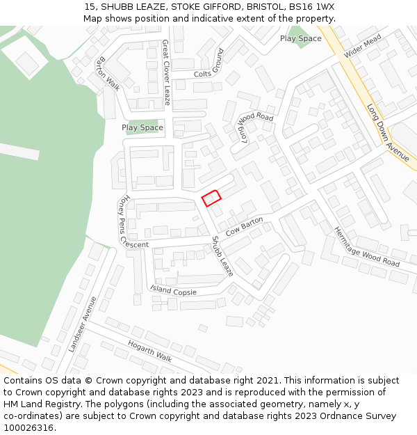 15, SHUBB LEAZE, STOKE GIFFORD, BRISTOL, BS16 1WX: Location map and indicative extent of plot