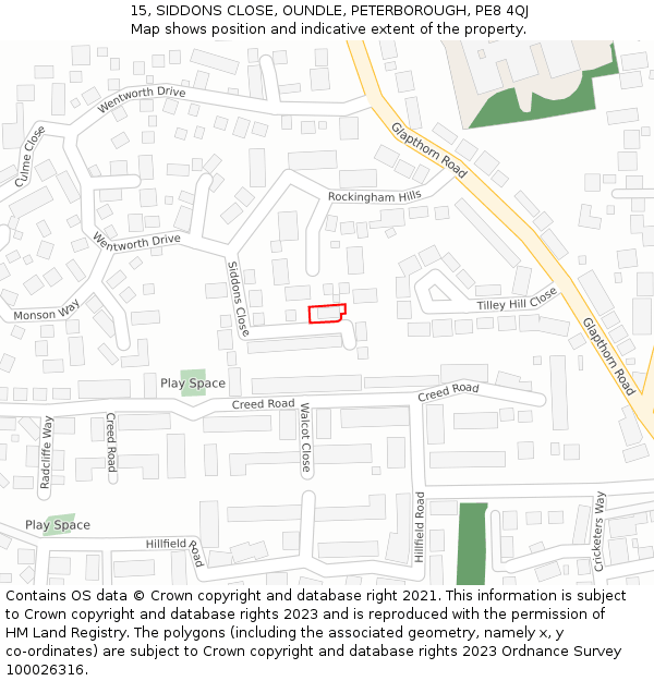 15, SIDDONS CLOSE, OUNDLE, PETERBOROUGH, PE8 4QJ: Location map and indicative extent of plot
