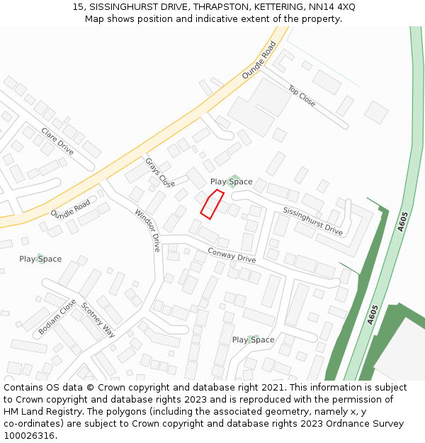 15, SISSINGHURST DRIVE, THRAPSTON, KETTERING, NN14 4XQ: Location map and indicative extent of plot