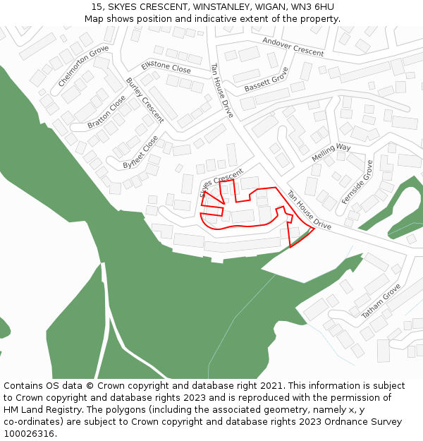 15, SKYES CRESCENT, WINSTANLEY, WIGAN, WN3 6HU: Location map and indicative extent of plot