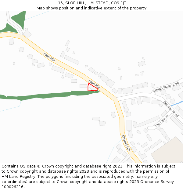15, SLOE HILL, HALSTEAD, CO9 1JT: Location map and indicative extent of plot