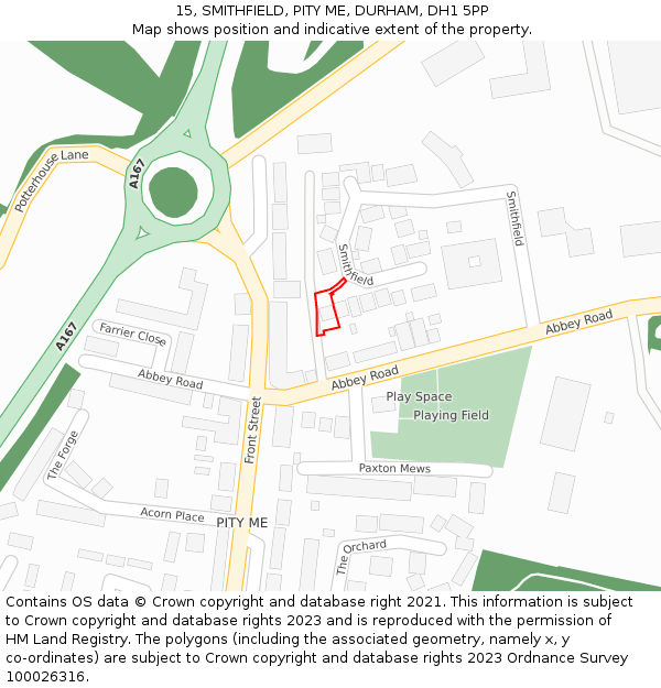 15, SMITHFIELD, PITY ME, DURHAM, DH1 5PP: Location map and indicative extent of plot