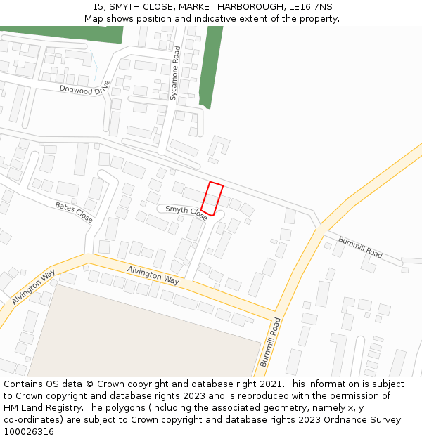 15, SMYTH CLOSE, MARKET HARBOROUGH, LE16 7NS: Location map and indicative extent of plot