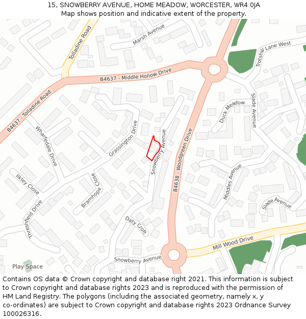 15, SNOWBERRY AVENUE, HOME MEADOW, WORCESTER, WR4 0JA: Location map and indicative extent of plot