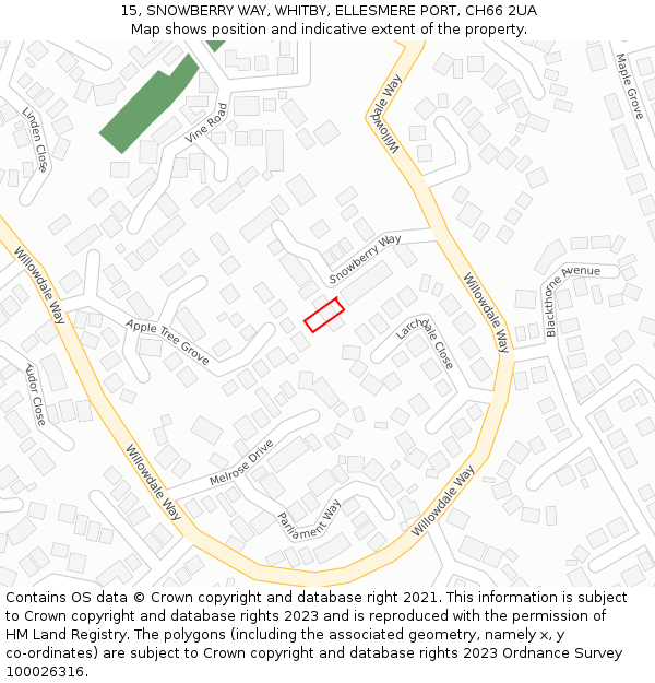 15, SNOWBERRY WAY, WHITBY, ELLESMERE PORT, CH66 2UA: Location map and indicative extent of plot
