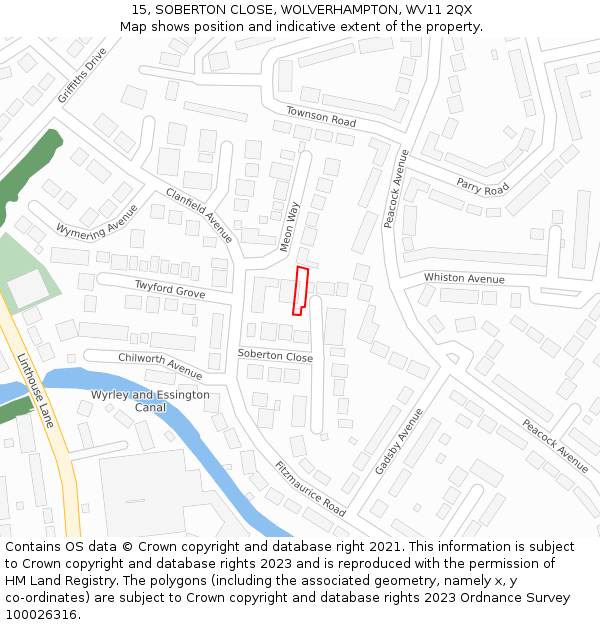 15, SOBERTON CLOSE, WOLVERHAMPTON, WV11 2QX: Location map and indicative extent of plot