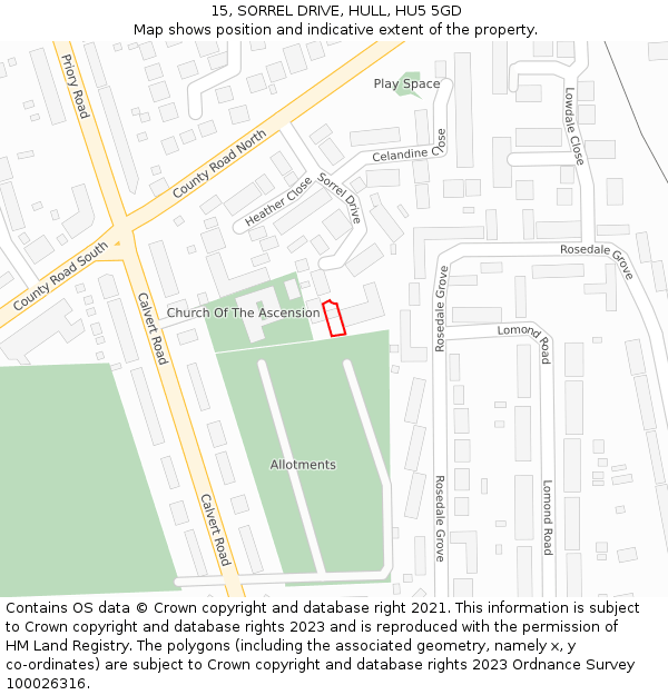 15, SORREL DRIVE, HULL, HU5 5GD: Location map and indicative extent of plot
