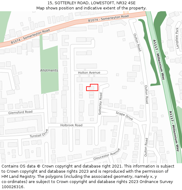 15, SOTTERLEY ROAD, LOWESTOFT, NR32 4SE: Location map and indicative extent of plot
