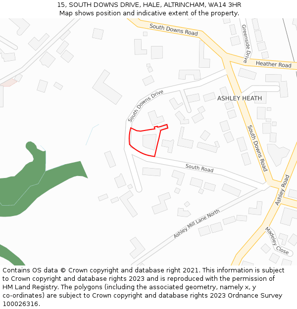 15, SOUTH DOWNS DRIVE, HALE, ALTRINCHAM, WA14 3HR: Location map and indicative extent of plot
