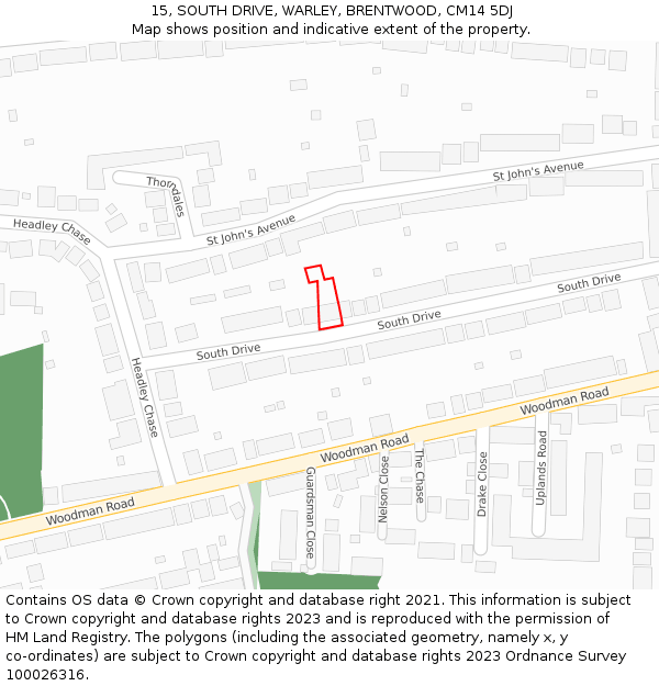 15, SOUTH DRIVE, WARLEY, BRENTWOOD, CM14 5DJ: Location map and indicative extent of plot