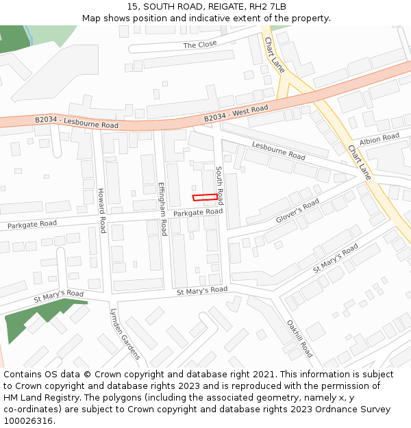 15, SOUTH ROAD, REIGATE, RH2 7LB: Location map and indicative extent of plot